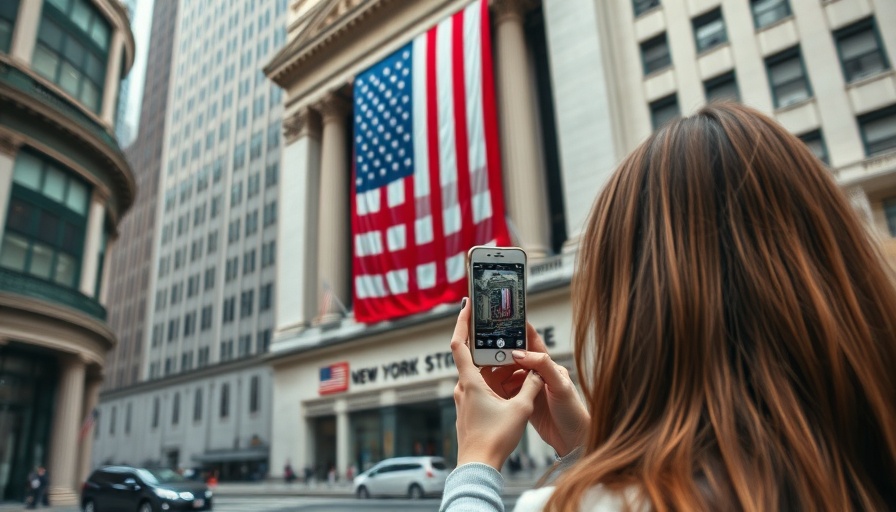 Woman photographing NYSE's American flag for Fed rate cuts article.