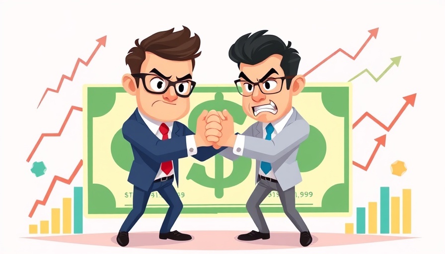 Value of RIA Data in M&A: Cartoon business professionals arm wrestling over dollar symbol.