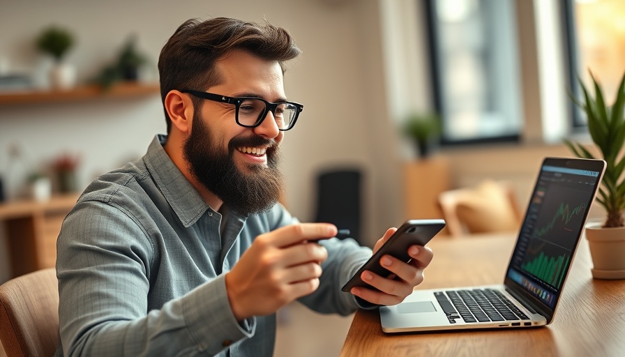 Smiling man researching Investing in XRP on phone.