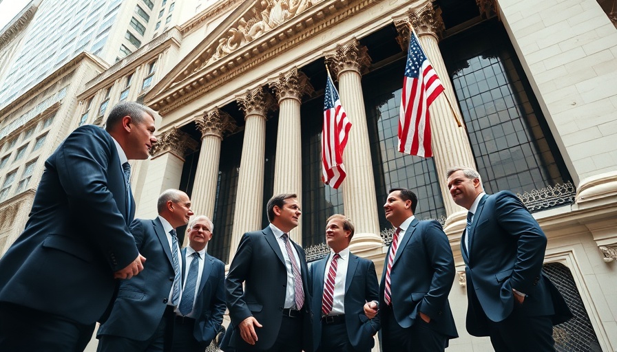 Businessmen discussing stock market investments outside historic building