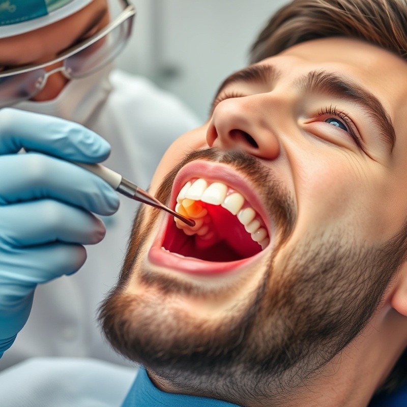 Dentist examining teeth in a man with a wide open mouth during a dental check-up.