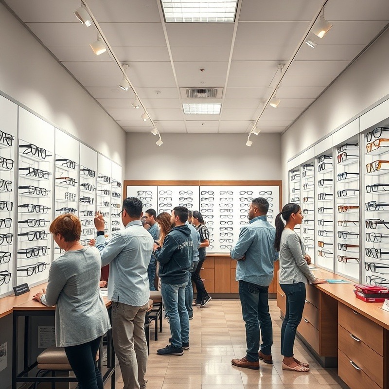 Busy optometrist store scene with people fitting and trying on glasses.