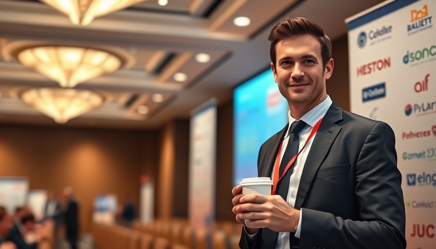 Businessman at a conference with sponsor banner, AI in banking regulatory challenges.