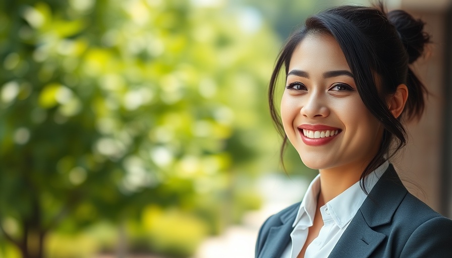Young woman in professional attire smiling outside, related to Centenary University RN to BSN program.