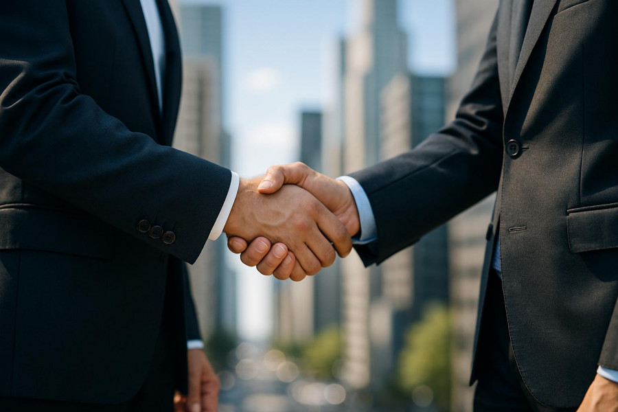 Business handshake symbolizing Albert Invent Kenvue partnership.