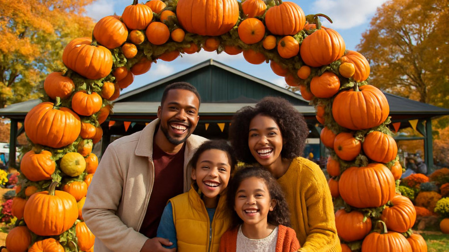 Family enjoying Halloween event under pumpkin archway in New Jersey.