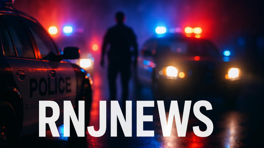 Police lights at night with RNJNEWS overlay, bear struck on I-80 Morris County.