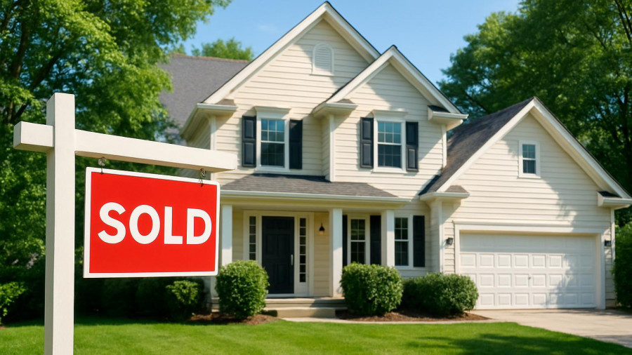 Bloomfield real estate sales sign in front of suburban home.