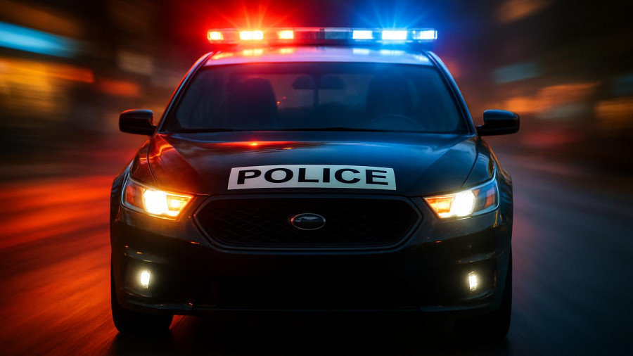 Police vehicle with flashing lights on I-80 in Morris County, NJ.