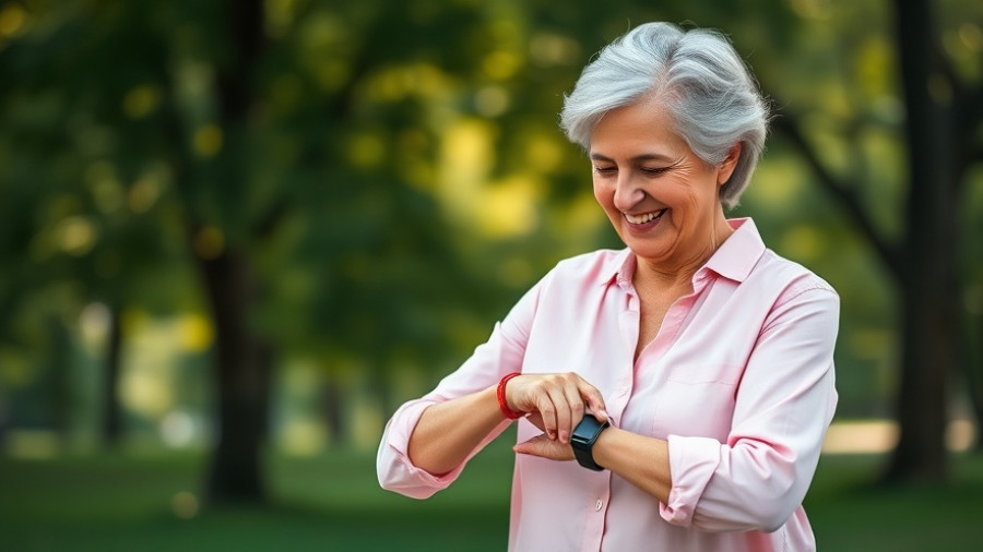 Older woman checking step count on fitness tracker outdoors