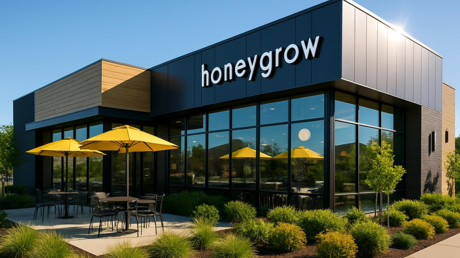 Honeygrow expansion New Jersey showing modern restaurant with patio.