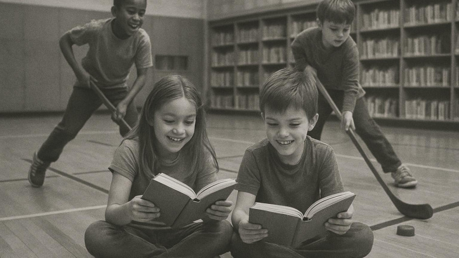 Newspaper article on Hughes Brothers Pucks & Pages literacy program.