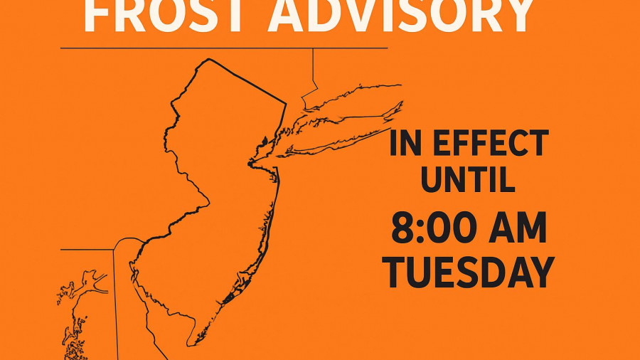 Frost advisory map New Jersey with effective times displayed.
