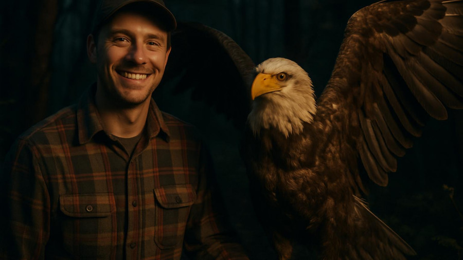 Man with injured bald eagle in Sussex County NJ at night