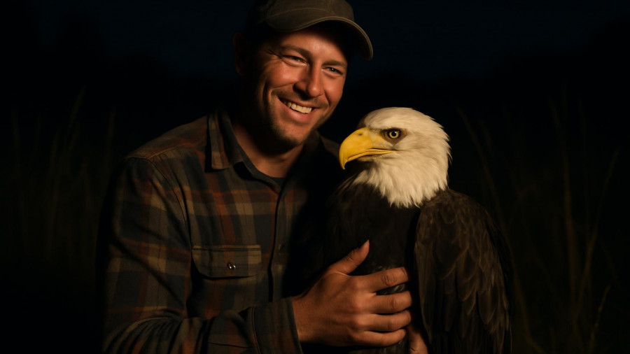 Injured bald eagle rescued in Northern NJ by a man in plaid shirt at night.