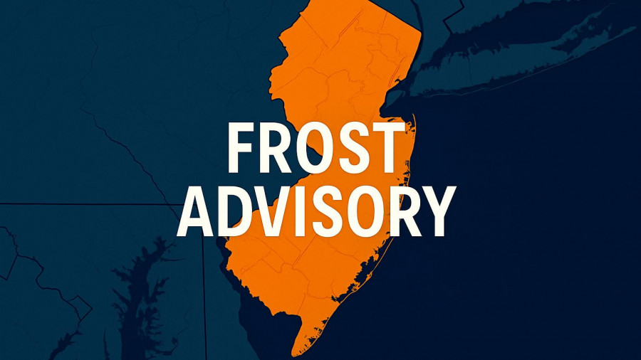 Frost advisory in New Jersey map with orange highlights.