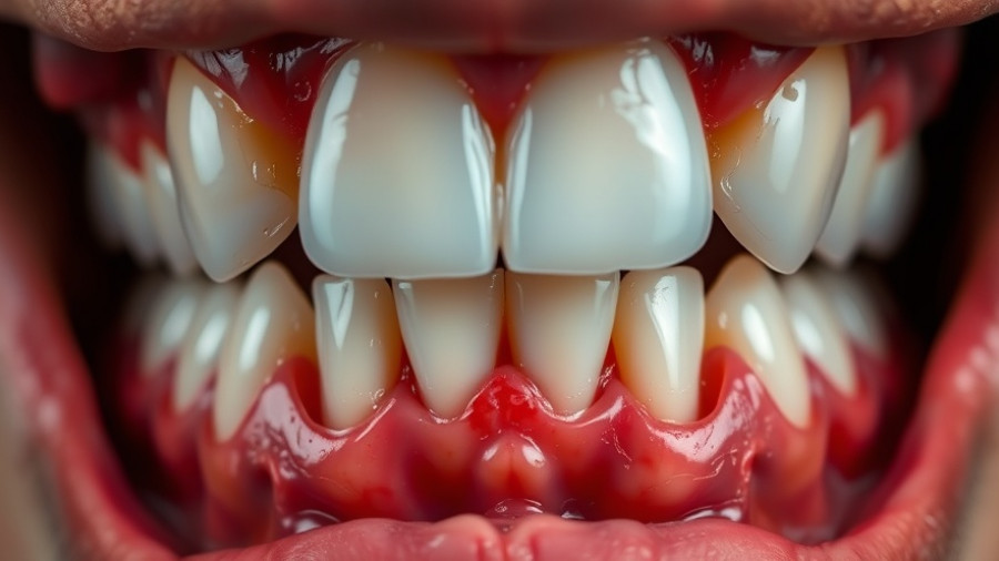 Detailed human teeth and gums illustrating gum disease risks.