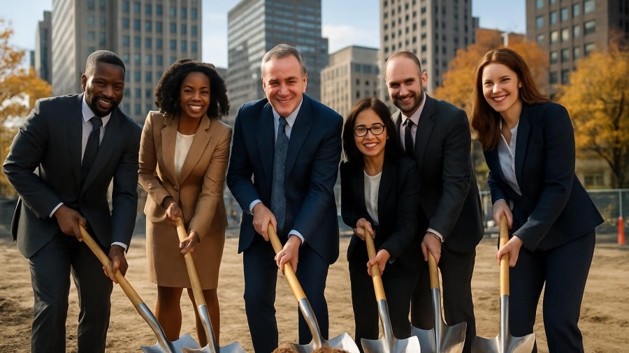 Newark Healthcare Transformation groundbreaking ceremony with diverse group.