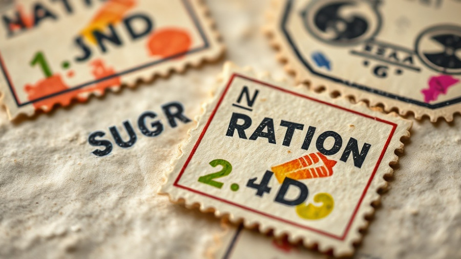 Macro view of vintage sugar rationing stamps on textured paper.