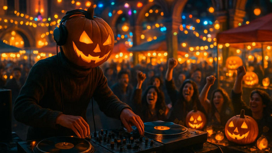 Jersey City Halloween Night Market featuring DJ with pumpkin head