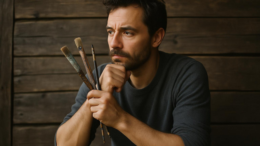 Ellis Island Artist in Residence, thoughtful male artist holding paintbrushes outdoors.