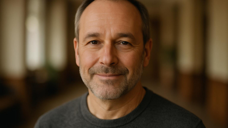 Middle-aged man smiling softly indoors, warm tones.