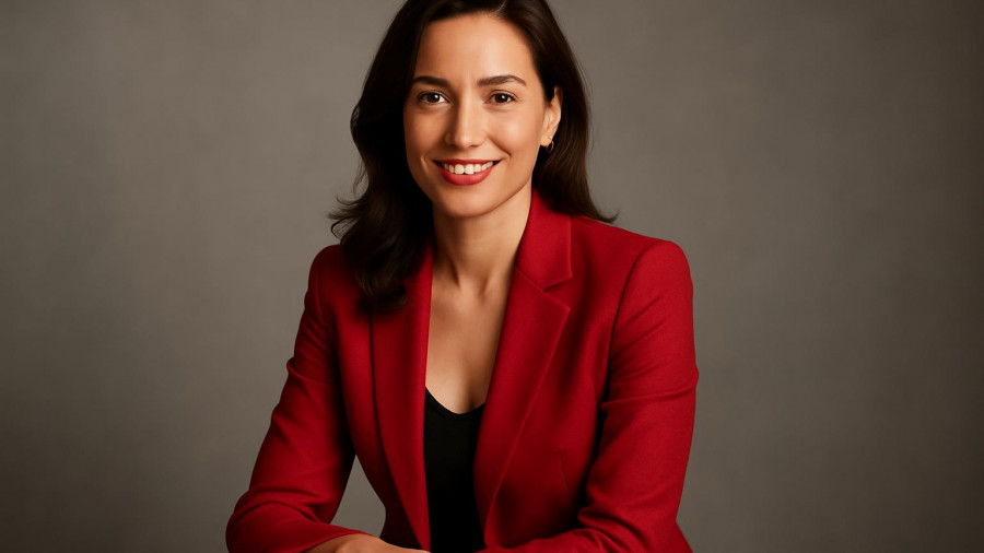 Confident woman in red blazer smiling in studio setting.