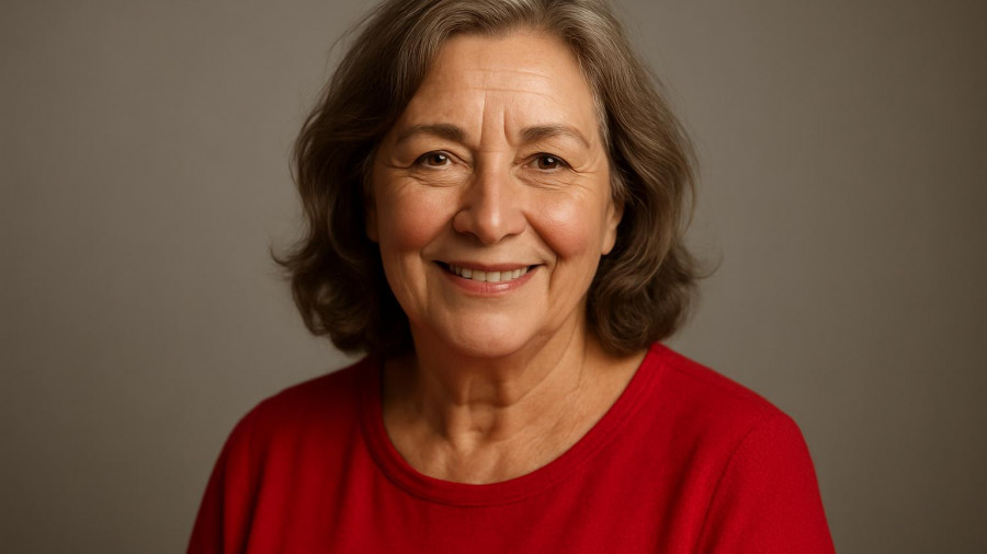 Friendly mature woman in a red outfit smiling warmly.