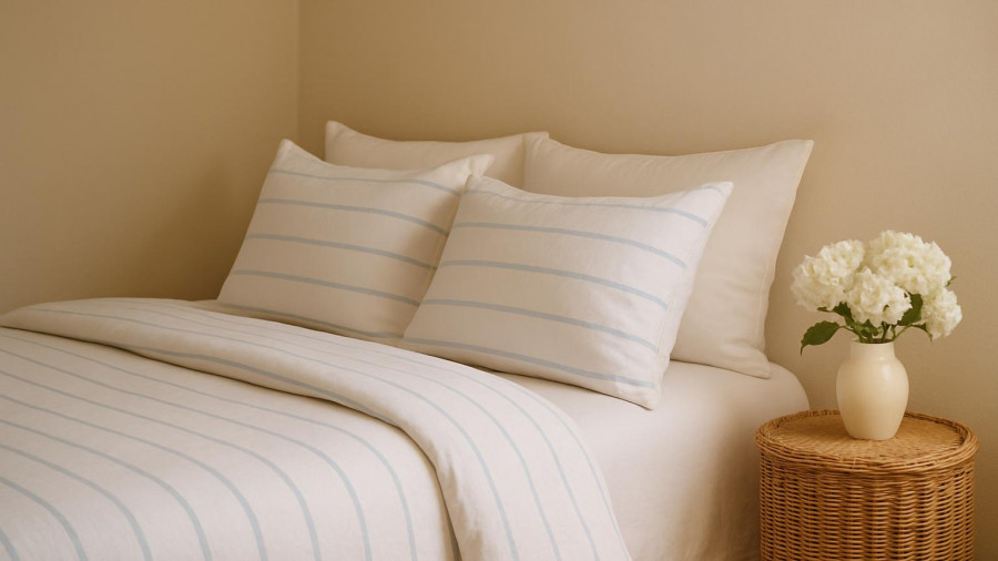 Cozy guest room with blue-striped bedding and holiday decor.