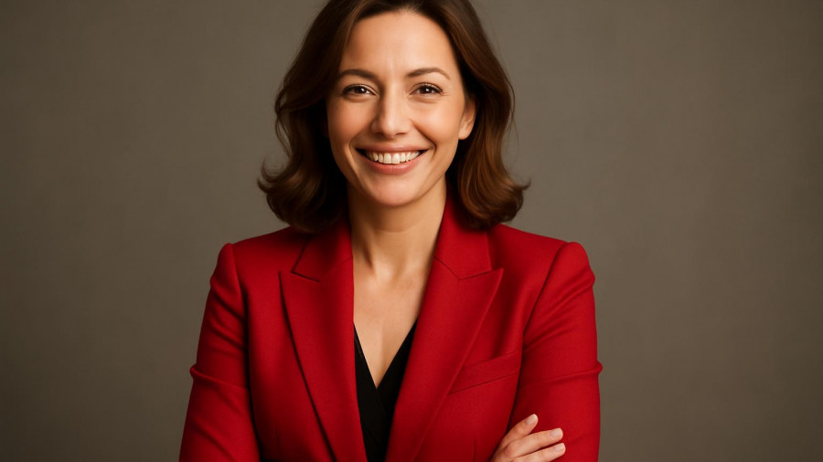 Elegant woman in red smiling, studio portrait.