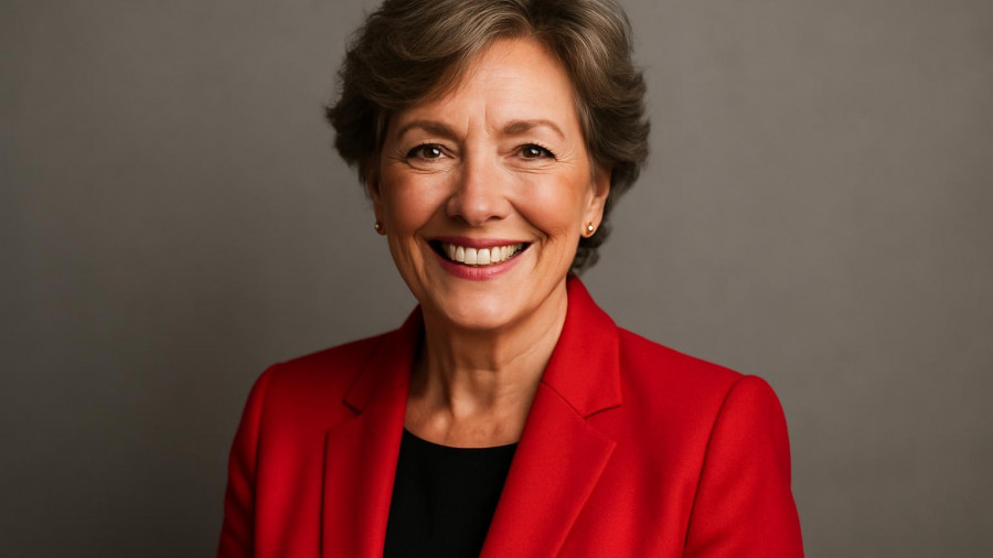 Middle-aged woman in red smiling confidently.