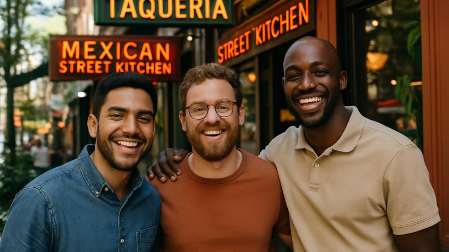 Friendly group of three men outside Tacoria Mexican Street Kitchen.