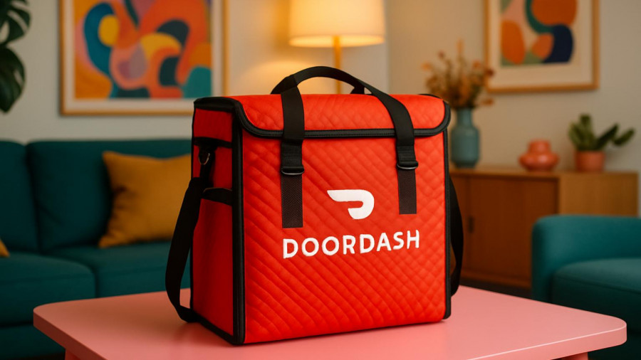 DoorDash Emergency Food Response in stylish living room with vibrant bag.