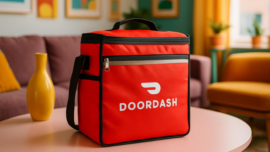 Vibrant red DoorDash bag on pink table in modern living room.