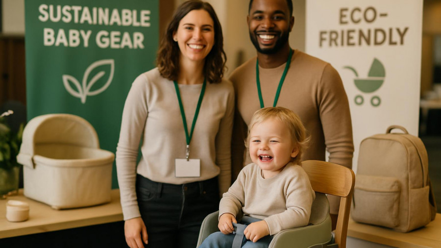 Smiling exhibitors and child with sustainable baby gear at fair.
