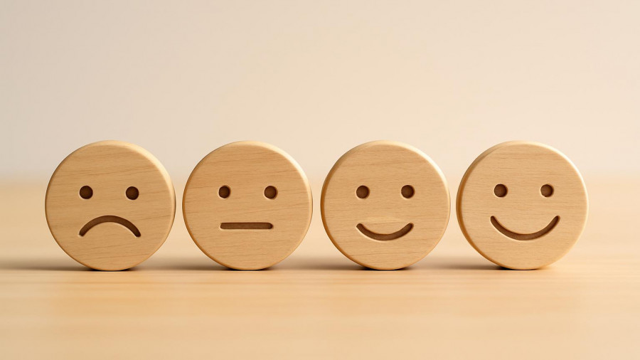 Wooden emoticons representing poll results from sad to happy for New Jersey Sales Tax.