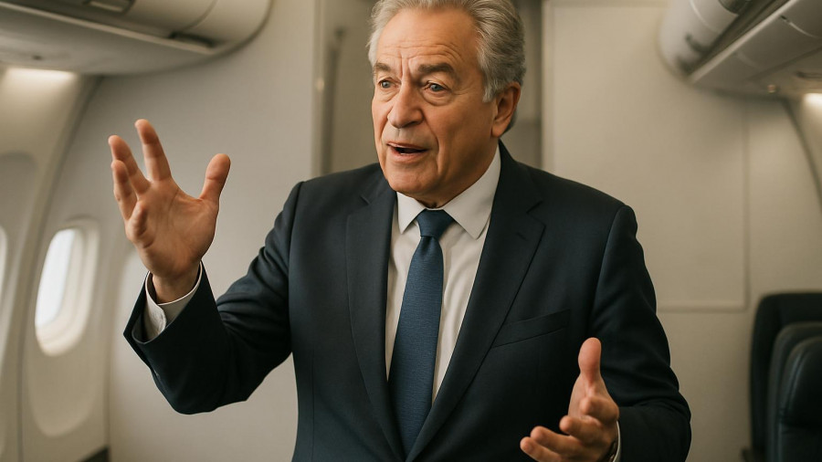 Confident man gesturing and speaking in airplane cabin.