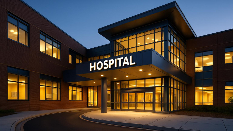 Modern hospital entrance at twilight, No. 1 hospital in New Jersey.