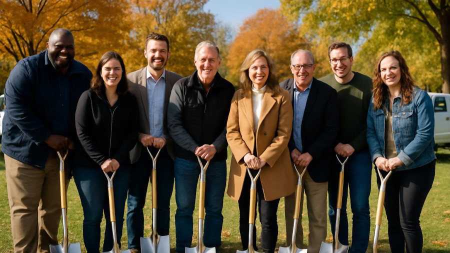 Group standing with shovels at NJAW new operations center groundbreaking.