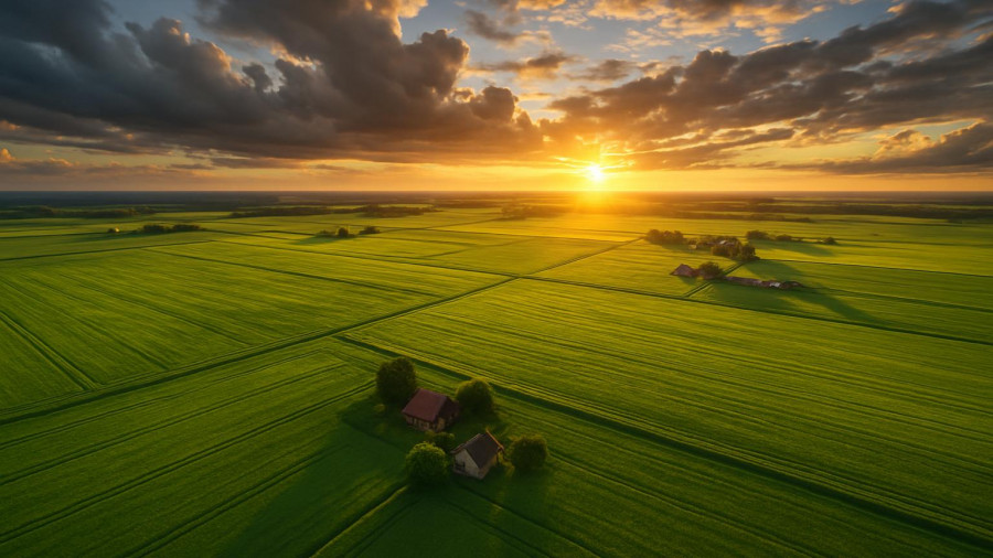 Expansive farmland landscape under golden sunset, Municipal Eminent Domain Authority.