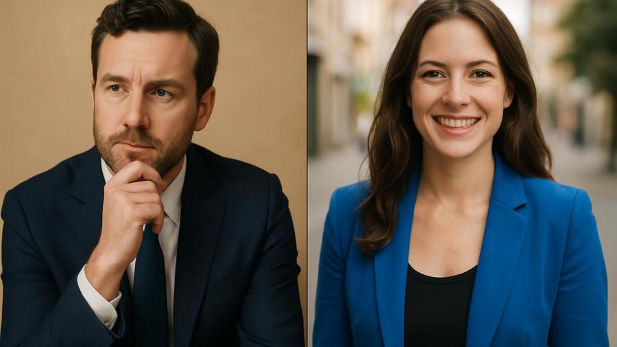 Barack Obama and a woman in blue at a Newark rally setting.