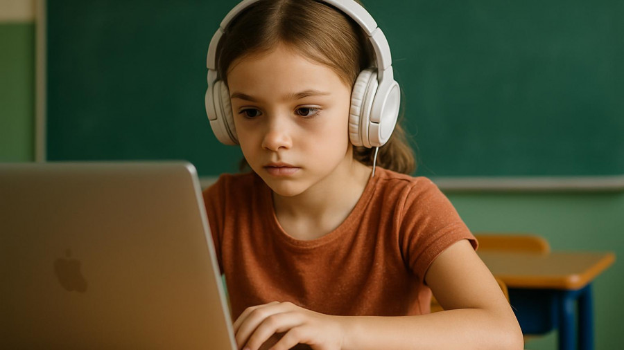 Focused girl using laptop in classroom, highlighting equity approach.
