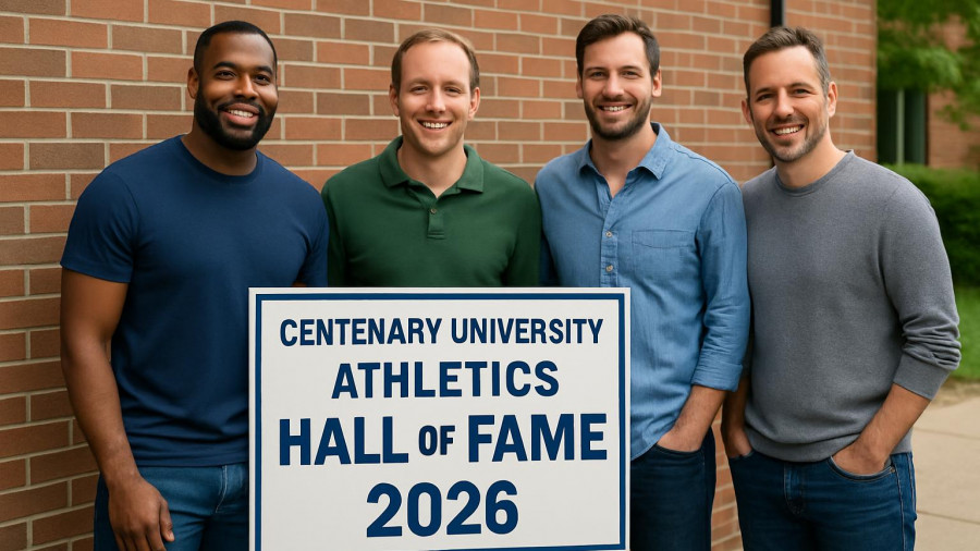 Centenary University 2026 Hall of Fame sign with group of men.