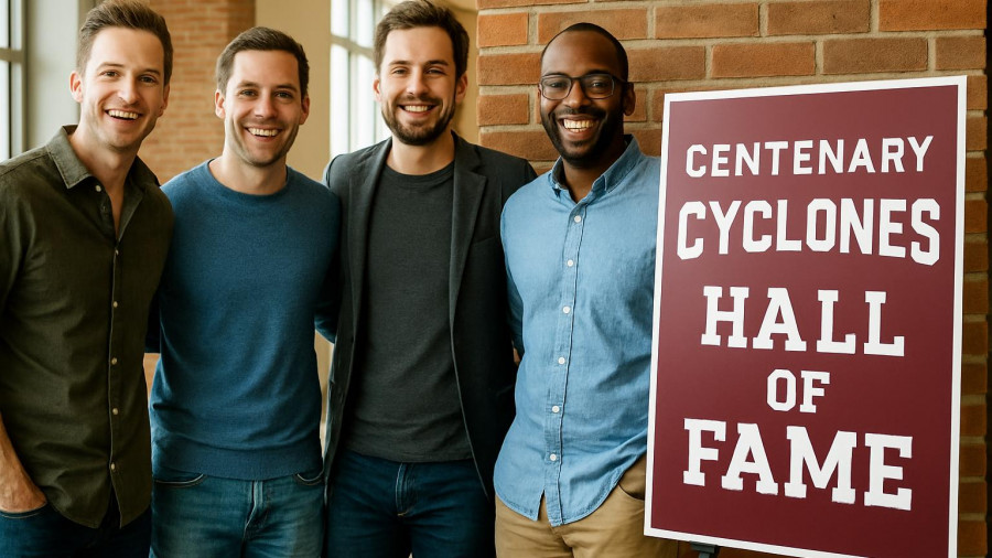 Group of men by Centenary University Athletics Hall of Fame sign smiling indoors.