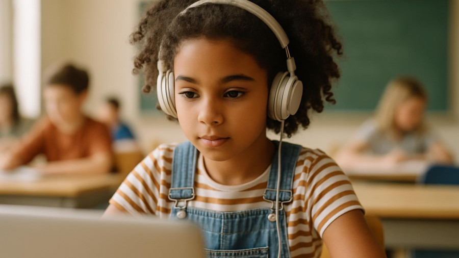 Focused girl in classroom on laptop, Newark Public Schools context