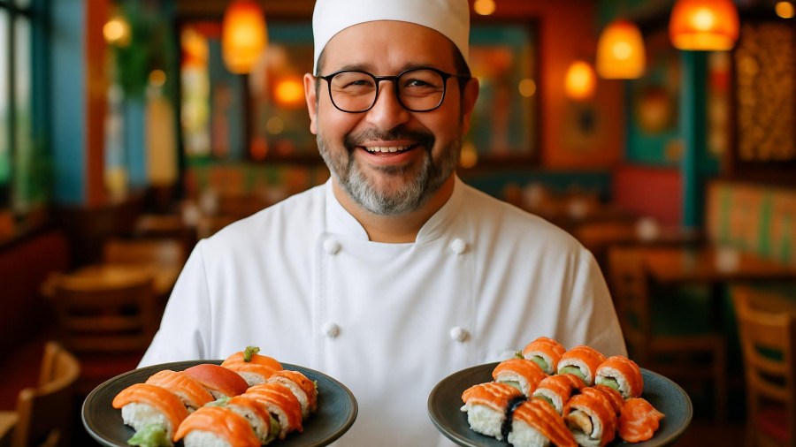 Iron Chef Morimoto smiling with sushi plates in Morristown restaurant