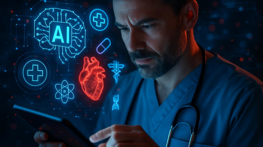 Healthcare professional with digital tablet and AI icons, illustrating healthcare innovation in New Jersey.