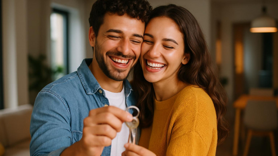 Happy couple holding keys, symbolizes TD Charitable Foundation Housing for Everyone grant initiative.
