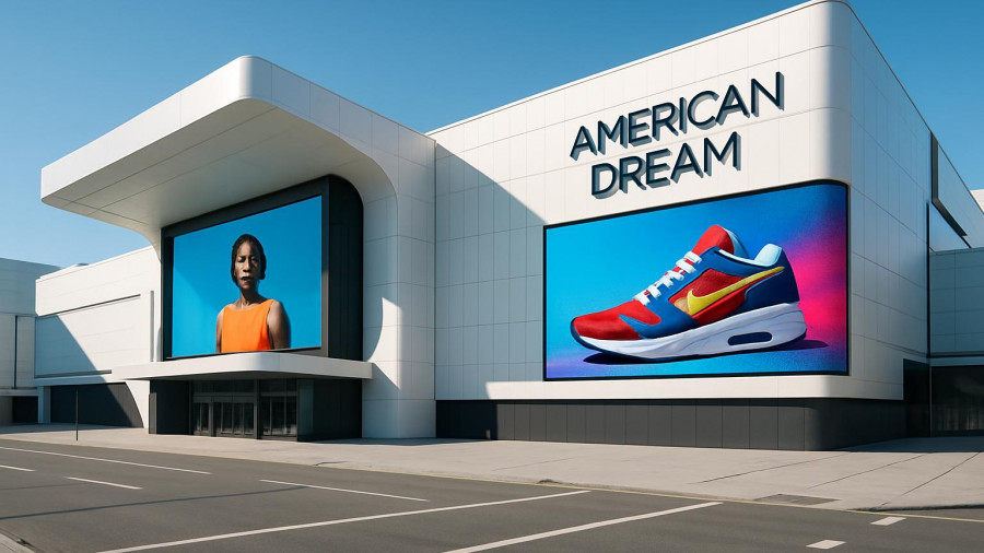 American Dream mall exterior with signage related to ball pit lawsuit.
