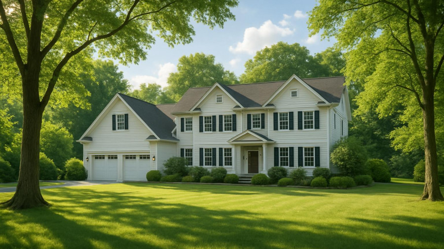 Middlesex County luxury home surrounded by lush trees and grass.